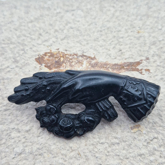 Victorian Black Mourning Brooch with Hand Holding Flowers
